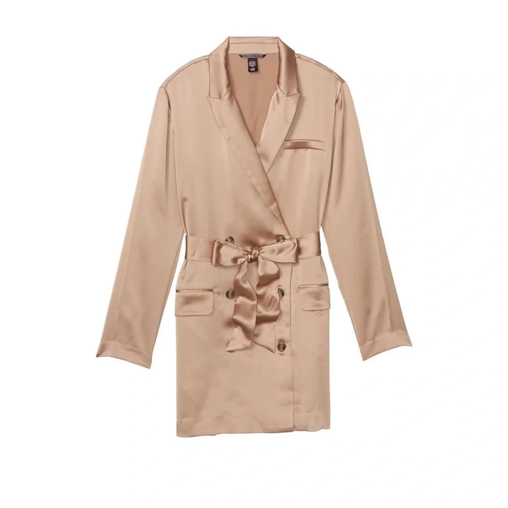 🌙 VS Beige Satin Double-Breasted Jacket Trench Coat Lingerie Robe Style Dress